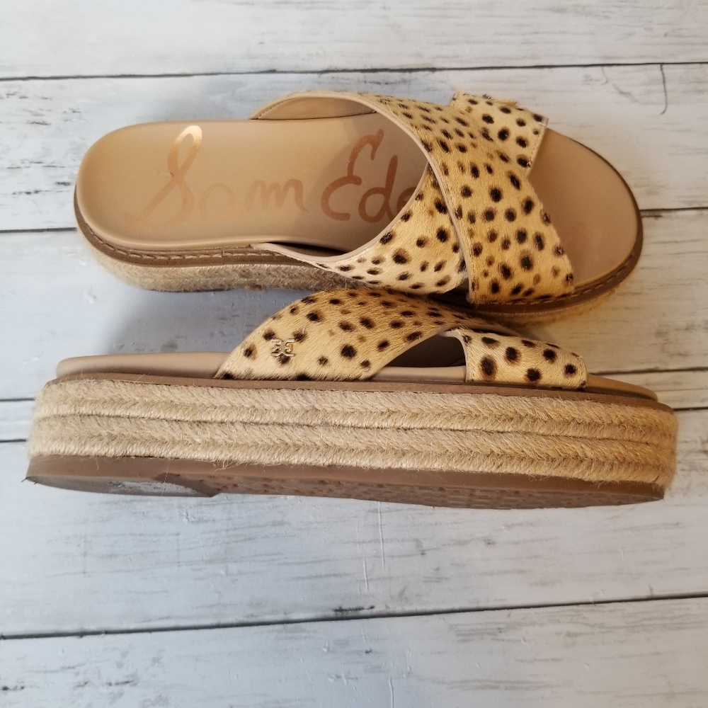 Sam Edelman Korina Leopard Print Calf Hair Espadrille Platform Slide Sandals